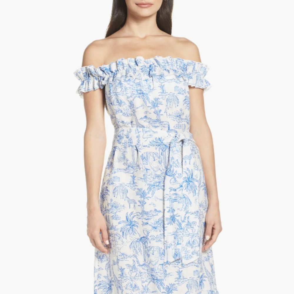 TORY BURCH JUNGLE PRINT OFF SHOULDER DRESS IN BLUE SZ SMALL